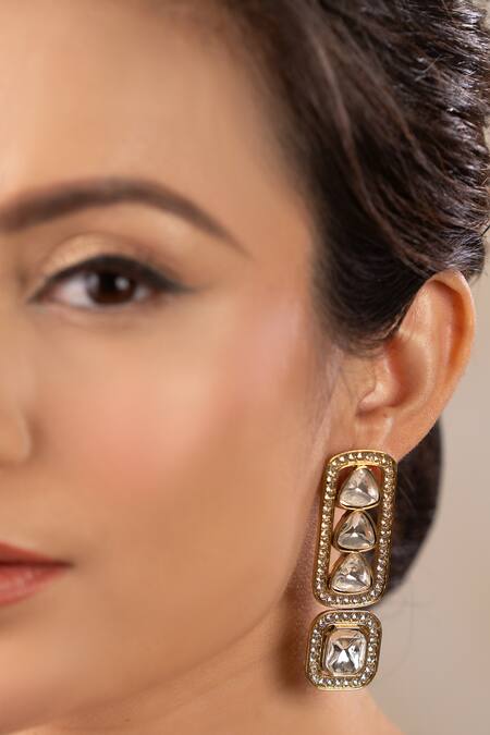 Anana_Gold Plated Piping, Stones Anjana Polki Geometric Earrings _Online_at_Aza_Fashions