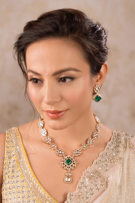 Shop_Anana_Emerald Green Stones, Gota Patti, Zari Chameli Polki Floral Necklace Set _at_Aza_Fashions