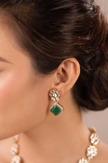 Buy_Anana_Emerald Green Stones, Gota Patti, Zari Chameli Polki Floral Necklace Set _Online_at_Aza_Fashions