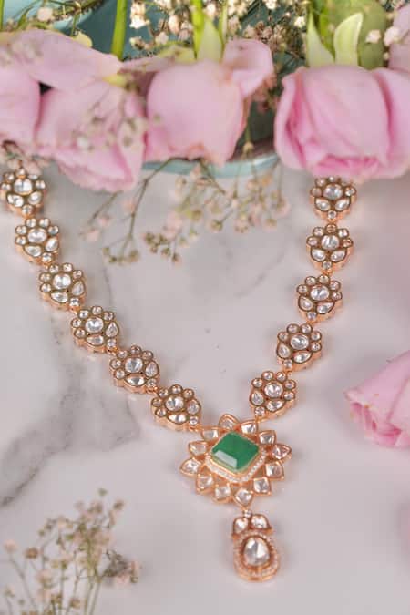Shop_Anana_Emerald Green Stones, Gota Patti, Zari Chameli Polki Floral Necklace Set _Online_at_Aza_Fashions