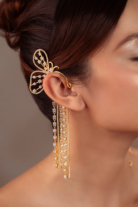 Shop Anana Gold Plated Stones Jacqueline Butterfly Zircon Embellished Ear Cuff at Aza Fashions Shop_Anana_Gold Plated Stones Jacqueline Butterfly Zircon Embellished Ear Cuff _at_Aza_Fashions