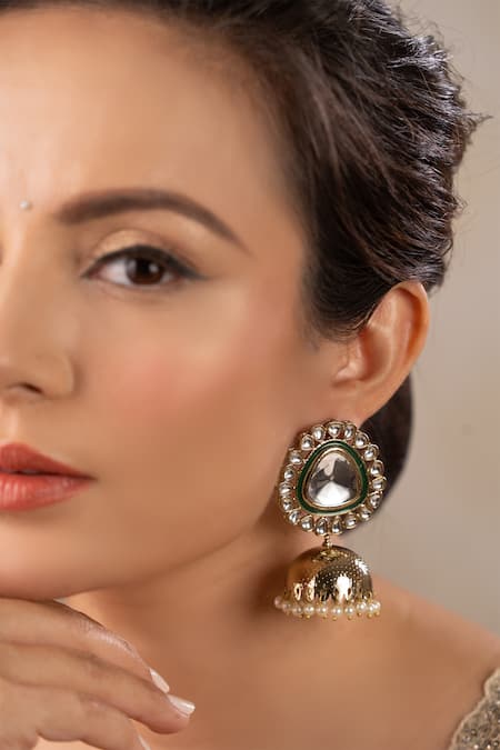 Shop Anana Gold Plated Kritika Kundan Polki Stone Embellished Jhumkas at Aza Fashions Shop_Anana_Gold Plated Kritika Kundan Polki Stone Embellished Jhumkas _at_Aza_Fashions