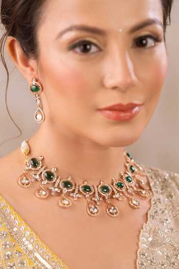 Shop Anana Gold Plated Beads, Diamonds Meena Kundan Polki Embellished Choker Set at Aza Fashions Shop_Anana_Gold Plated Beads, Diamonds Meena Kundan Polki Embellished Choker Set _at_Aza_Fashions
