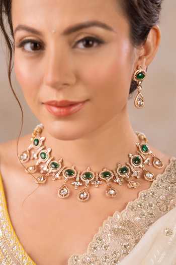 Anana Gold Plated Beads, Diamonds Meena Kundan Polki Embellished Choker Set Online at Aza Fashions Anana_Gold Plated Beads, Diamonds Meena Kundan Polki Embellished Choker Set _Online_at_Aza_Fashions