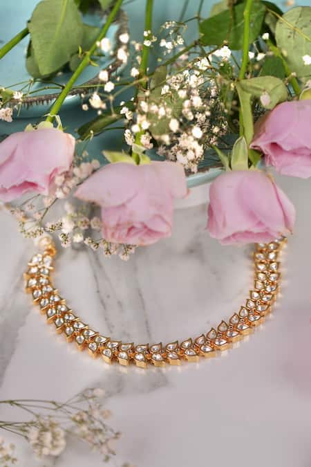 Shop Anana Gold Plated Diamonds, Stones Nirja Kundan Polki Embellished Choker Necklace Set Online at Aza Fashions Shop_Anana_Gold Plated Diamonds, Stones Nirja Kundan Polki Embellished Choker Necklace Set _Online_at_Aza_Fashions