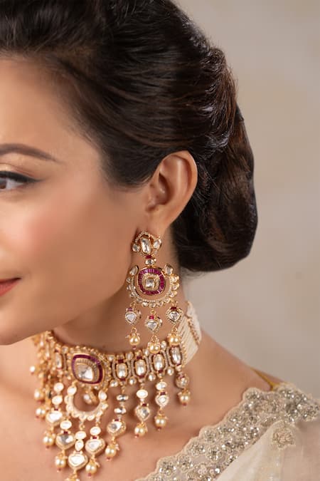 Shop_Anana_Red Pearls, Diamonds, Stones Rahi Kundan Polki Embellished Choker Set _Online_at_Aza_Fashions