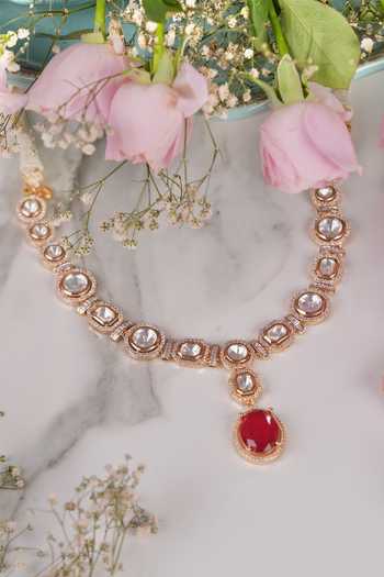 Shop Anana Red Pearls, Diamonds Rashi Kundan Polki Embellished Necklace Set Online at Aza Fashions Shop_Anana_Red Pearls, Diamonds Rashi Kundan Polki Embellished Necklace Set _Online_at_Aza_Fashions