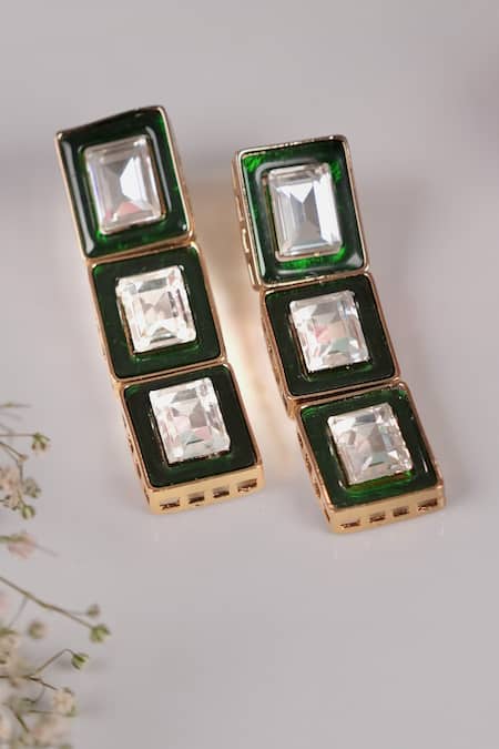 Shop Anana Green Diamonds, Stones Sadhna Kundan Polki Embellished Earrings at Aza Fashions Shop_Anana_Green Diamonds, Stones Sadhna Kundan Polki Embellished Earrings _at_Aza_Fashions