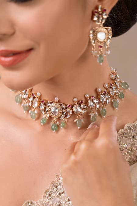 Anana_Gold Plated Stones, Beads, Pearls Seher Kundan Polki Embellished Choker Set _Online_at_Aza_Fashions