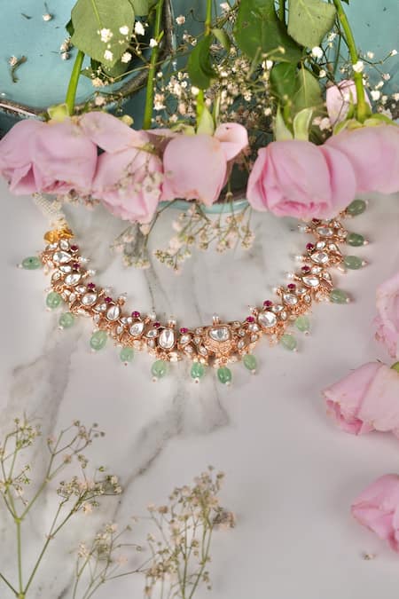 Shop_Anana_Gold Plated Stones, Beads, Pearls Seher Kundan Polki Embellished Choker Set _Online_at_Aza_Fashions