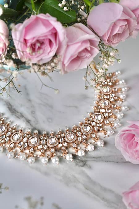 Anana_Gold Plated Diamonds, Pearls Kundan Polki Necklace And Earring Set _Online_at_Aza_Fashions