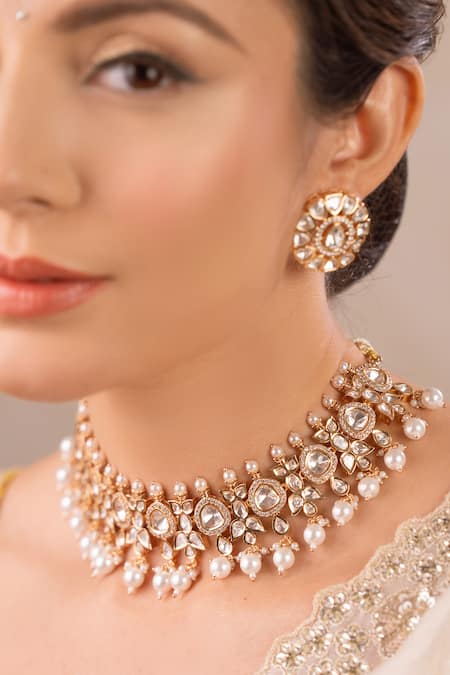 Shop_Anana_Gold Plated Diamonds, Pearls Kundan Polki Necklace And Earring Set _Online_at_Aza_Fashions