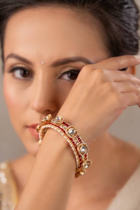 Anana_Red Rhinestones, Pearls Shreedevi Kundan Polki Embellished Kada - Single Pc _Online_at_Aza_Fashions