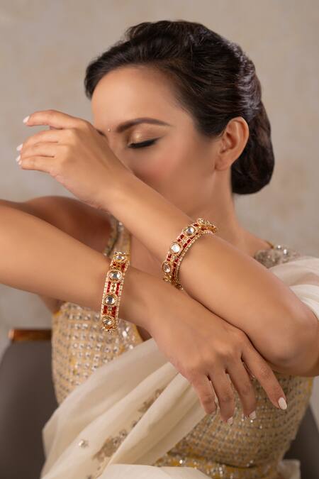 Buy_Anana_Red Rhinestones, Pearls Shreedevi Kundan Polki Embellished Kada - Single Pc _Online_at_Aza_Fashions