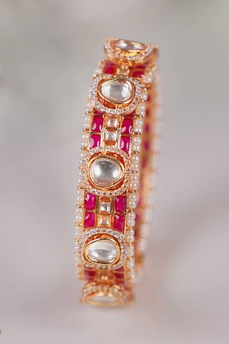 Shop_Anana_Red Rhinestones, Pearls Shreedevi Kundan Polki Embellished Kada - Single Pc _Online_at_Aza_Fashions