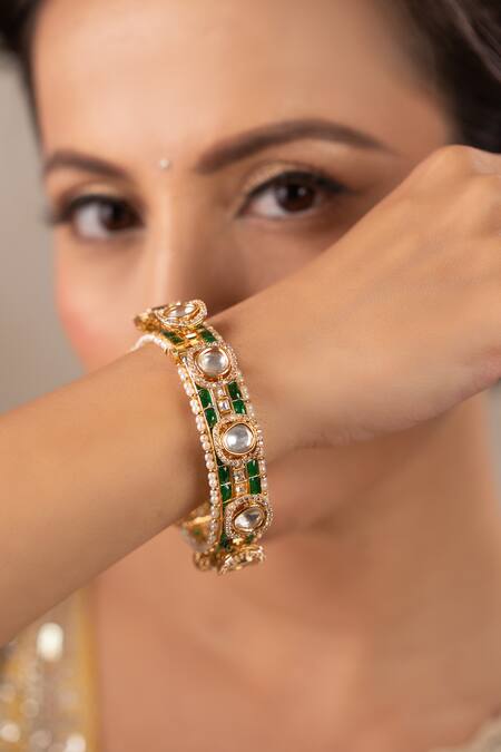 Anana_Green Stones, Diamonds Shreedevi Kundan Polki Embellished Kada - Single Pc _Online_at_Aza_Fashions