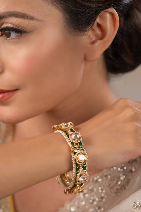 Buy_Anana_Green Stones, Diamonds Shreedevi Kundan Polki Embellished Kada - Single Pc _Online_at_Aza_Fashions