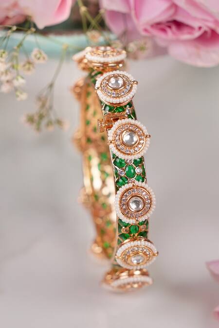 Shop_Anana_Green Stones, Diamonds Shreedevi Kundan Polki Embellished Kada - Single Pc _Online_at_Aza_Fashions