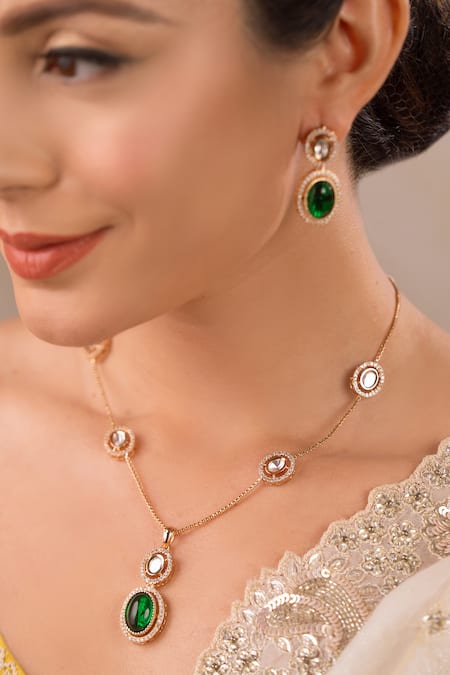 Anana_Green Stones, Zari Zoya Polki Embellished Necklace Set _Online_at_Aza_Fashions