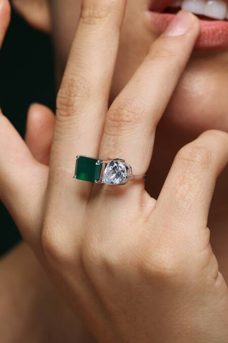 Varnika Arora_Green Zari Radiant Stone Promise Ring _Online_at_Aza_Fashions