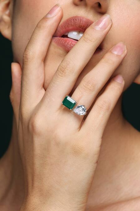 Buy_Varnika Arora_Green Zari Radiant Stone Promise Ring _Online_at_Aza_Fashions
