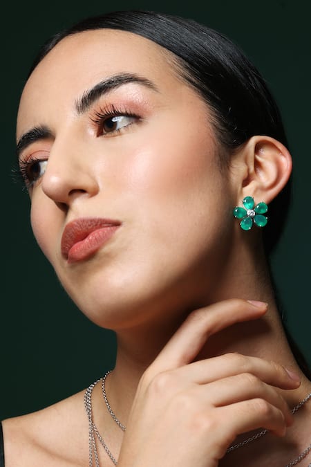 Shop_Varnika Arora_Green Zari, Diamonds Promise Petal Onyx Studs _Online_at_Aza_Fashions