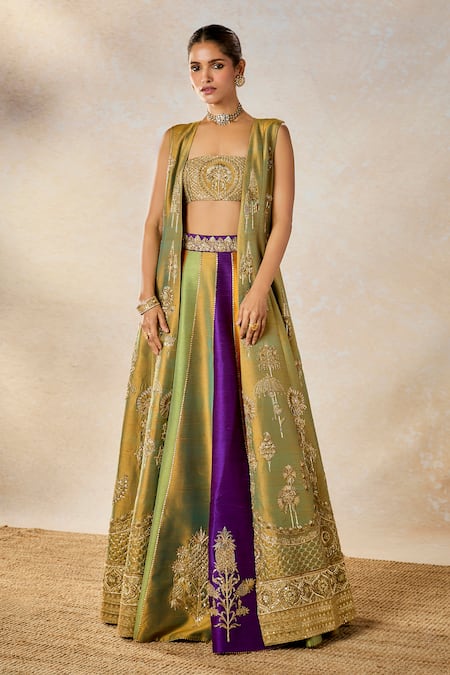 Masaba Multi Color Heavy Raw Silk Embroidered Raj Kesar Varak Lehenga Set With Long 