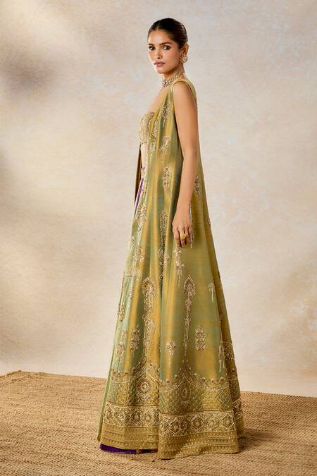 Masaba_Multi Color Silk Embroidery Square Kesar Varak Lehenga Set With Long Jacket _Online_at_Aza_Fashions