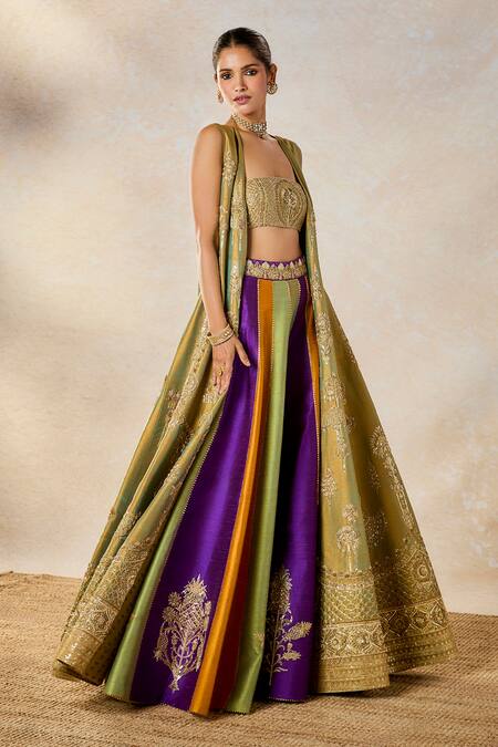 Buy_Masaba_Multi Color Silk Embroidery Square Kesar Varak Lehenga Set With Long Jacket _Online_at_Aza_Fashions
