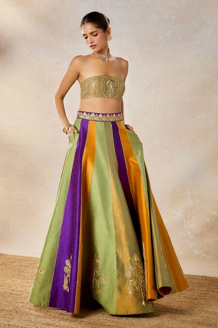 Buy_Masaba_Multi Color Silk Embroidery Square Kesar Varak Lehenga Set With Long Jacket 