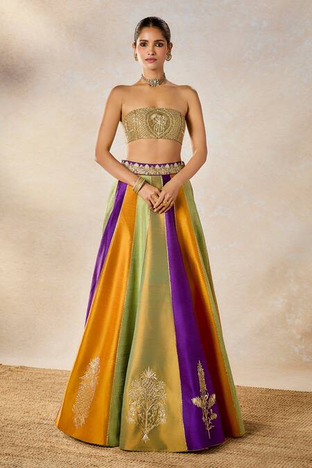 Shop_Masaba_Multi Color Silk Embroidery Square Kesar Varak Lehenga Set With Long Jacket 