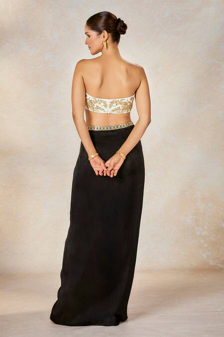 Masaba_Black Silk, Crepe, Viscose Zari, Raat Rani Jacket With Draped Skirt Set _Online_at_Aza_Fashions