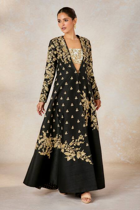Buy_Masaba_Black Silk, Crepe, Viscose Zari, Raat Rani Jacket With Draped Skirt Set _Online_at_Aza_Fashions