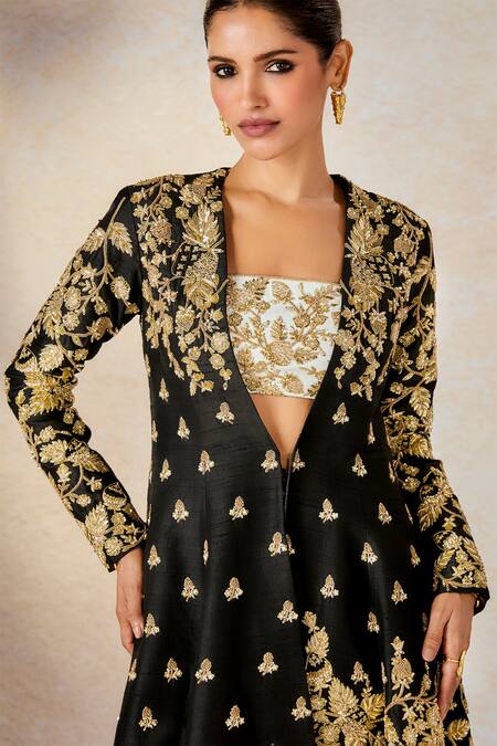 Shop_Masaba_Black Silk, Crepe, Viscose Zari, Raat Rani Jacket With Draped Skirt Set _Online_at_Aza_Fashions