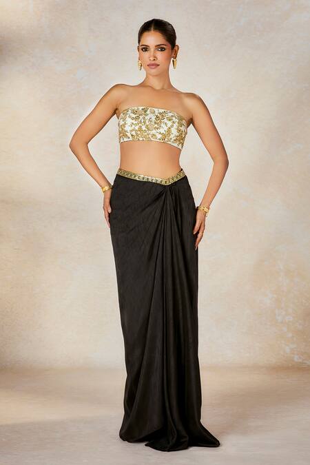 Shop_Masaba_Black Silk, Crepe, Viscose Zari, Raat Rani Jacket With Draped Skirt Set 