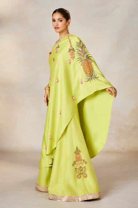 Masaba_Yellow Viscose, Silk Embroidery, Tassels One Pista Kulfi Tunic With Sharara _Online_at_Aza_Fashions