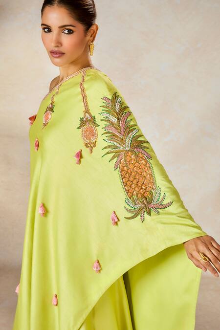 Buy_Masaba_Yellow Viscose, Silk Embroidery, Tassels One Pista Kulfi Tunic With Sharara _Online_at_Aza_Fashions