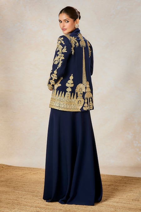 Shop_Masaba_Blue Crepe Embroidery Square Neck Sanjh Bagh Blazer With Draped Skirt Set _at_Aza_Fashions