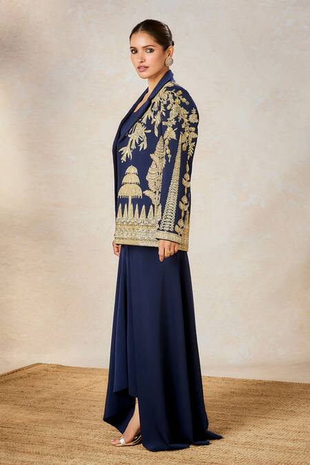 Buy_Masaba_Blue Crepe Embroidery Square Neck Sanjh Bagh Blazer With Draped Skirt Set _Online_at_Aza_Fashions