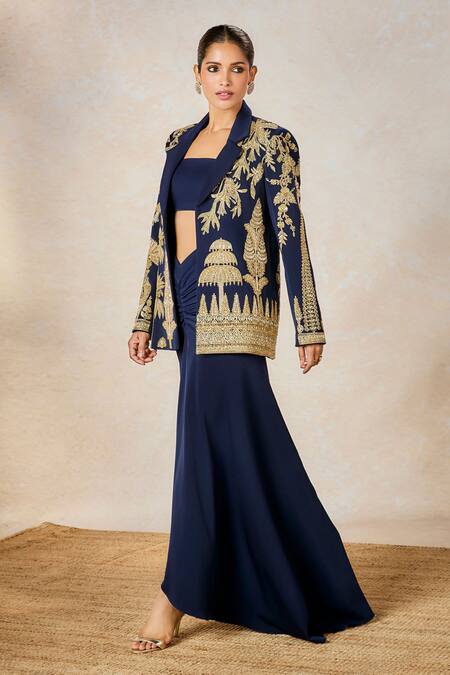 Shop_Masaba_Blue Crepe Embroidery Square Neck Sanjh Bagh Blazer With Draped Skirt Set _Online_at_Aza_Fashions