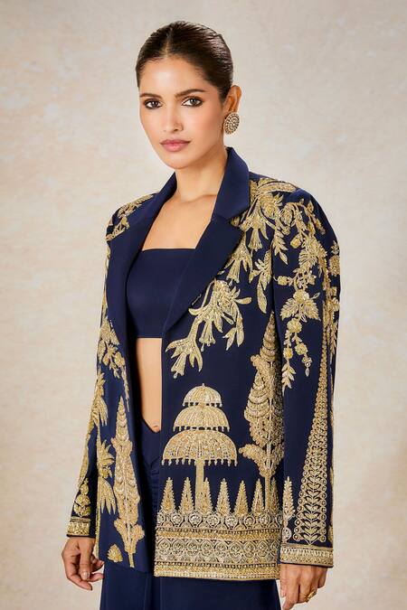 Masaba_Blue Crepe Embroidery Square Neck Sanjh Bagh Blazer With Draped Skirt Set _at_Aza_Fashions