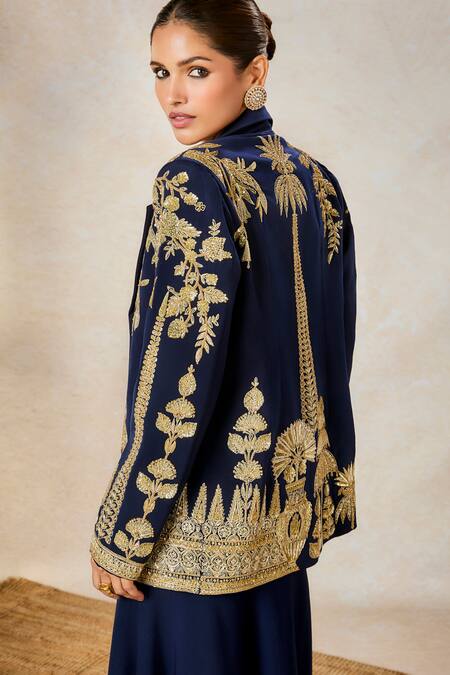 Buy_Masaba_Blue Crepe Embroidery Square Neck Sanjh Bagh Blazer With Draped Skirt Set 