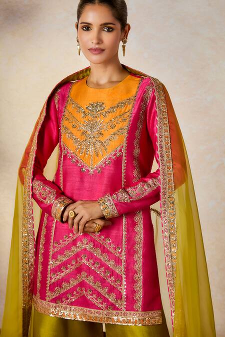 Buy_Masaba_Pink Organza, Rayon, Embroidery, Patchwork, Meetha Paan Sharara Set _Online_at_Aza_Fashions