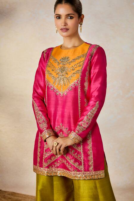 Shop_Masaba_Pink Organza, Rayon, Embroidery, Patchwork, Meetha Paan Sharara Set _Online_at_Aza_Fashions