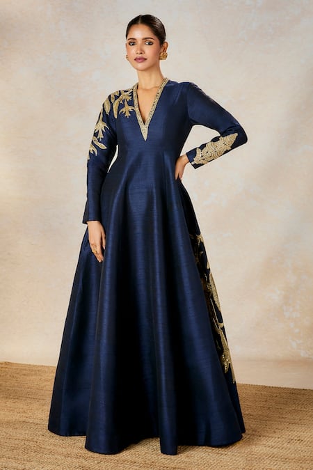 Masaba Blue Heavy Raw Silk Embroidered Kusum Kali V Neck Neeltara Gown 