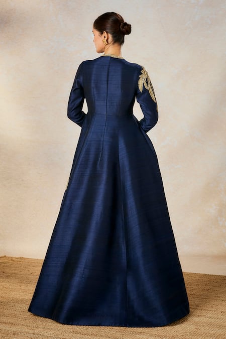 Shop_Masaba_Blue Silk Metallic Thread, Embroidery V-neck Neeltara Gown _at_Aza_Fashions