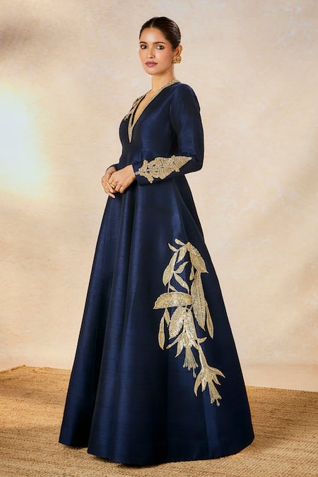 Masaba_Blue Silk Metallic Thread, Embroidery V-neck Neeltara Gown _Online_at_Aza_Fashions