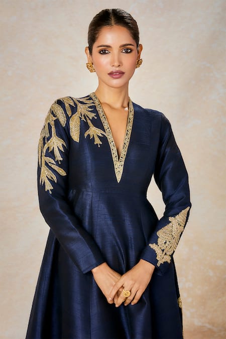 Buy_Masaba_Blue Silk Metallic Thread, Embroidery V-neck Neeltara Gown _Online_at_Aza_Fashions