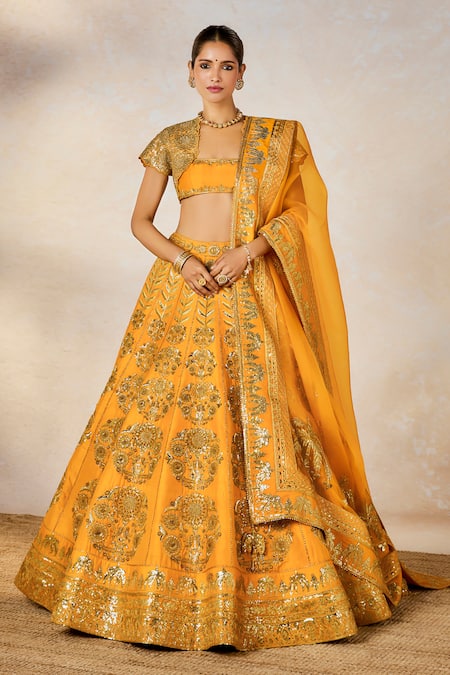 Masaba Yellow Raw Silk Embroidery Dori Open Motichur Sonmukhi Motif Bridal Lehenga Set 