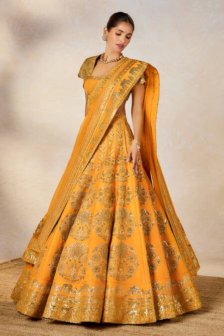 Shop Masaba Yellow Organza, Motichur Sonmukhi Motif Bridal Lehenga Set Online at Aza Fashions Shop_Masaba_Yellow Organza, Motichur Sonmukhi Motif Bridal Lehenga Set _Online_at_Aza_Fashions